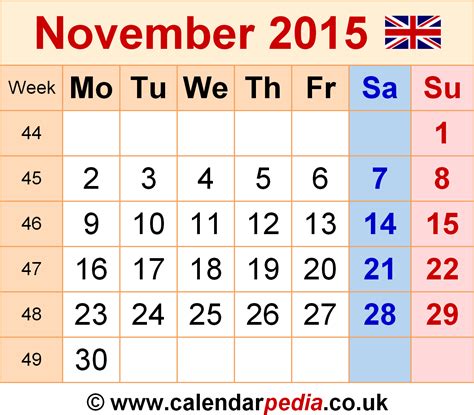 Calendar For Nov 2015